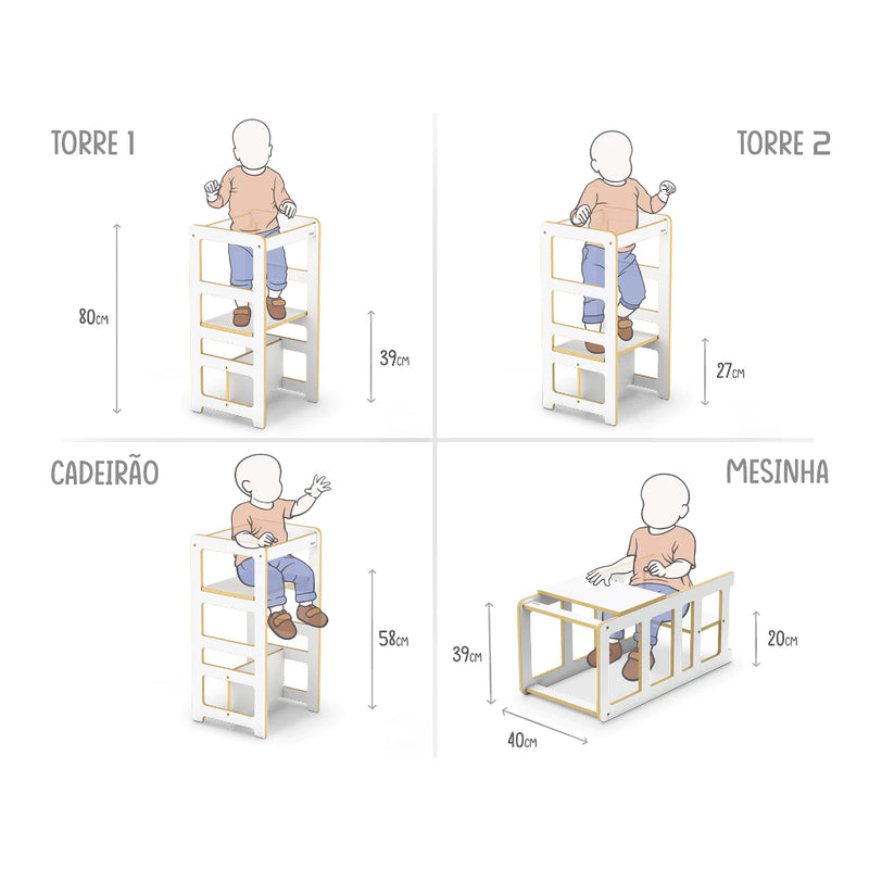 Torre Aprendizagem Infantil Montessoriana 4x1 Cadeirão Mesinha